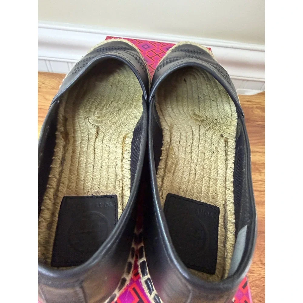 Tory Burch Black Perforated Logo Nappa Leather Espadrille Flats Size 6.5